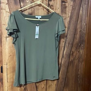 Sage green top with ruffled sleeves